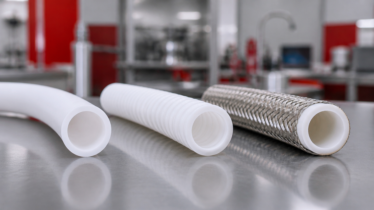 Comparação entre mangueira de PTFE lisa, convoluta e reforçada com malha metálica