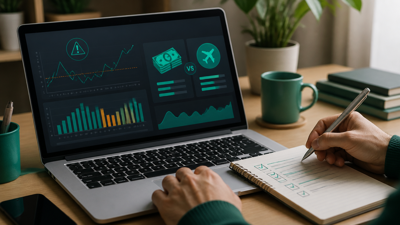 Comparação entre tarifas em dinheiro e milhas com alerta de preço em tela de notebook