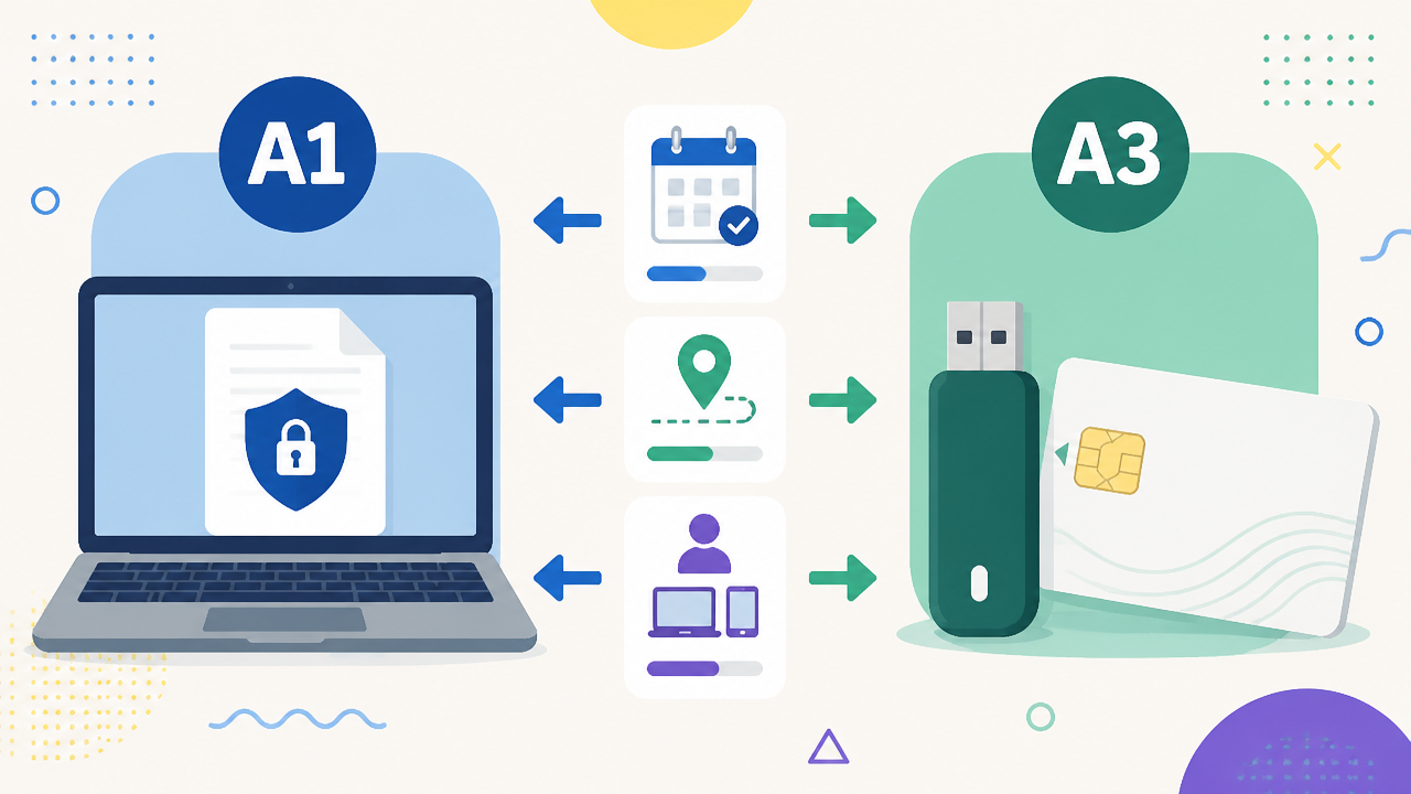 Comparação ilustrada entre certificado digital A1 no computador e certificado A3 em token e cartão