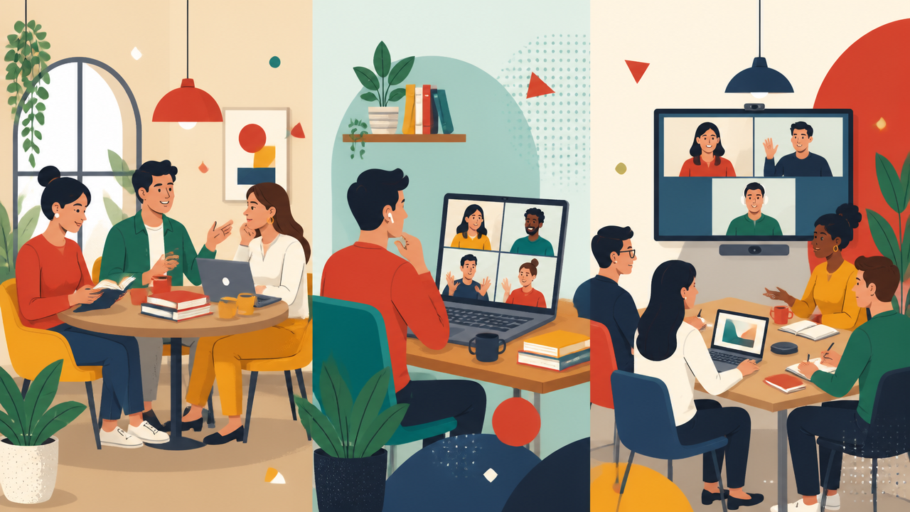 Comparação ilustrada entre clube de leitura presencial, online e híbrido.