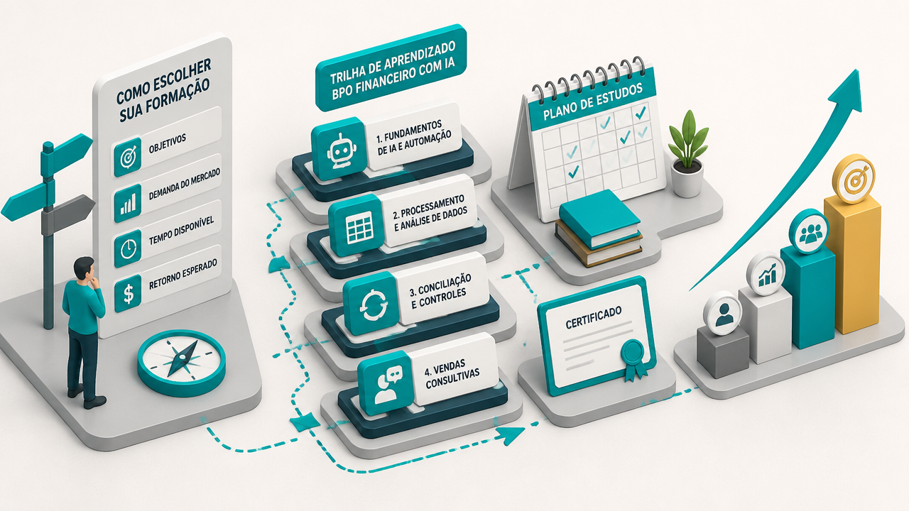 Comparação visual de trilhas de formação em BPO Financeiro com IA, certificado e módulos de estudo em ilustração 3D isométrica