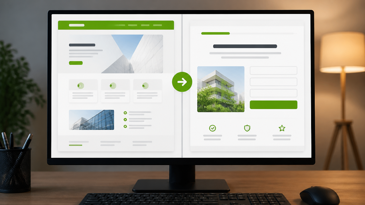 Comparação visual entre a estrutura de um site com navegação e uma landing page focada em conversão
