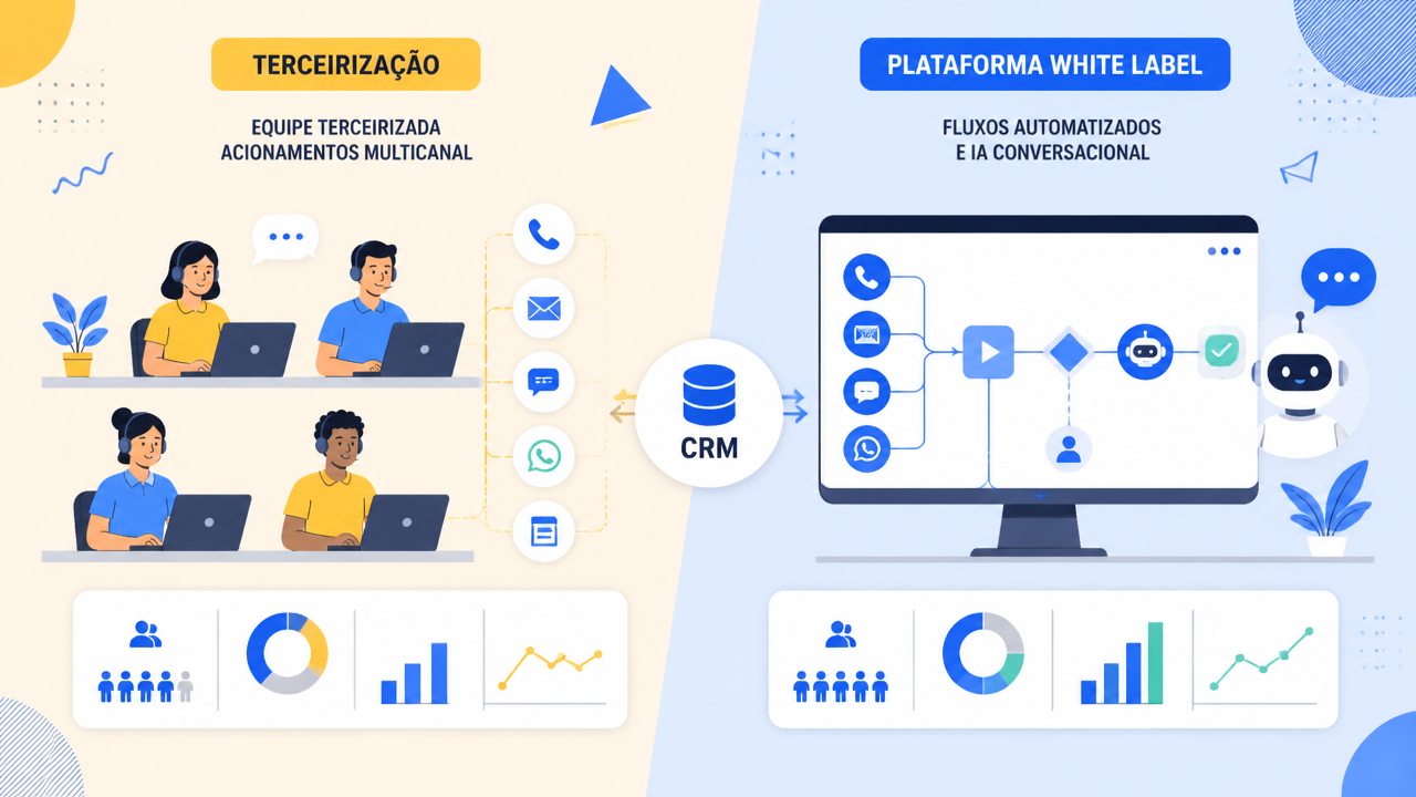 Comparação visual entre assessoria de cobrança digital e operação white label automatizada