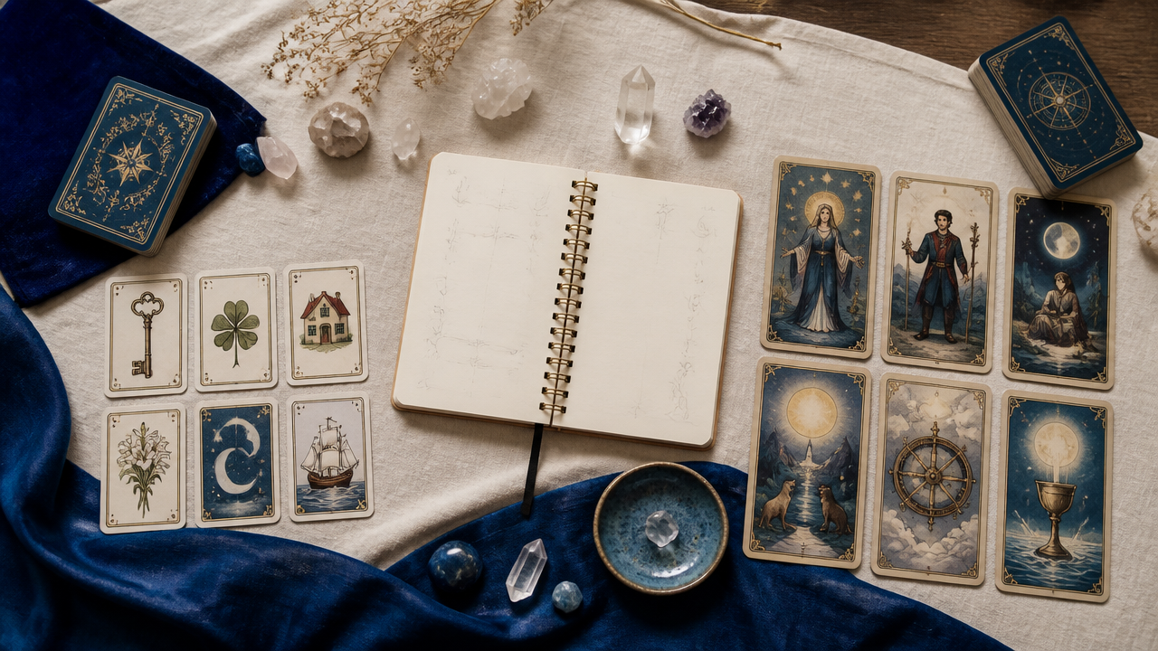 Comparação visual entre baralho cigano e tarot sobre mesa de estudos