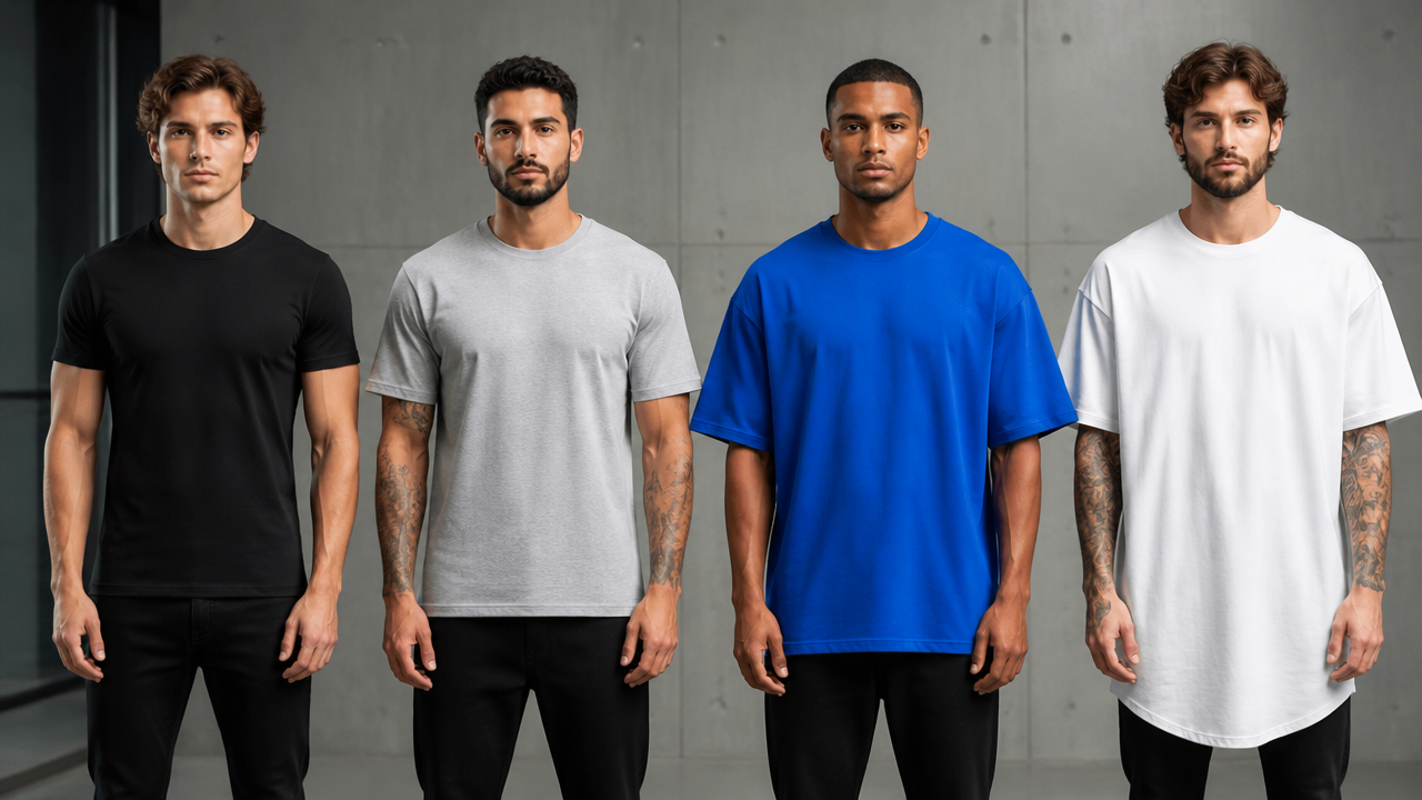 Comparação visual entre camisetas slim, regular, oversized e longline