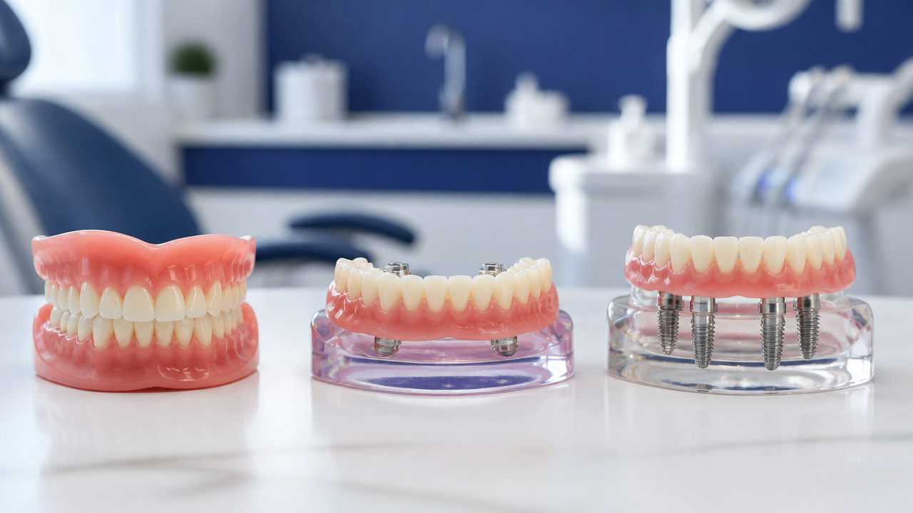 Comparação visual entre dentadura removível, overdenture e prótese protocolo