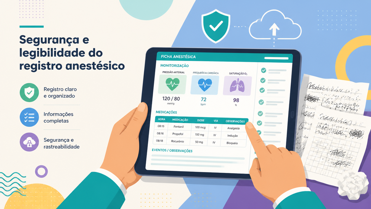 Comparação visual entre ficha anestésica digital legível em tablet e anotações em papel desorganizadas
