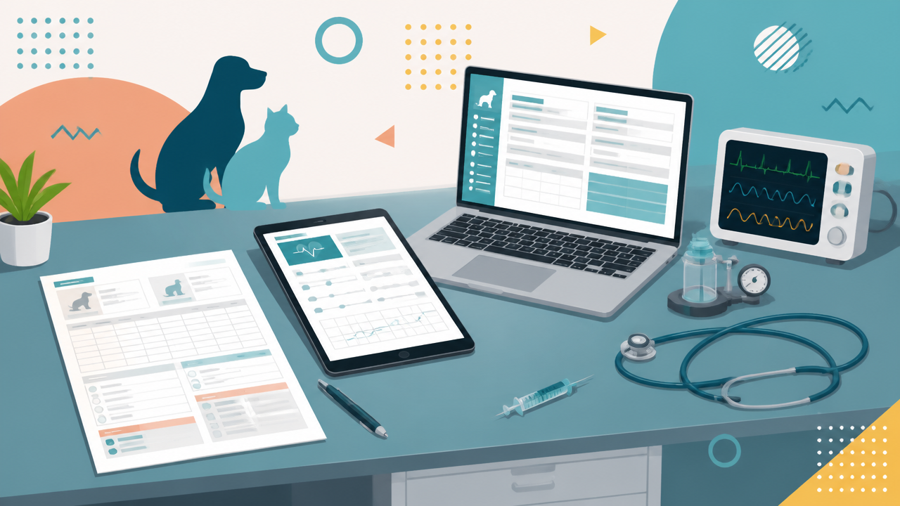 Comparação visual entre ficha anestésica veterinária em papel e formulário digital em tablet e notebook