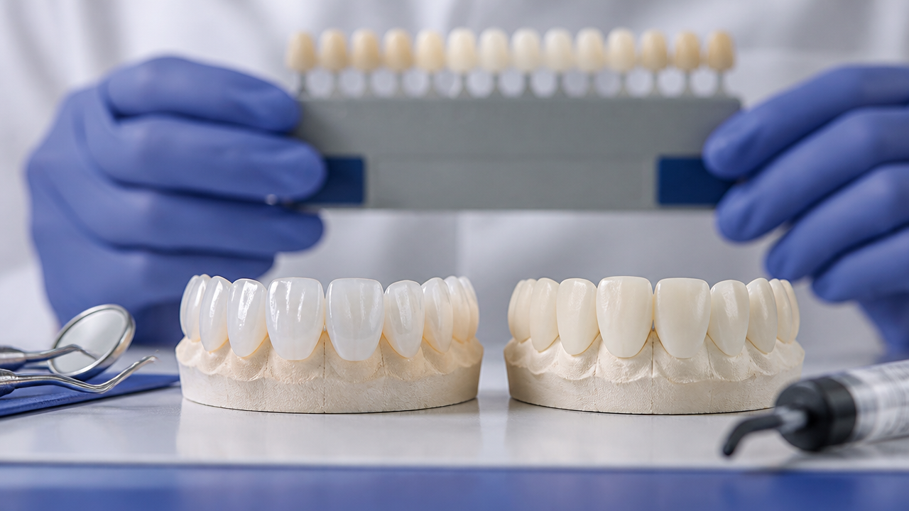 Comparação visual entre lentes de porcelana e facetas de resina em ambiente odontológico