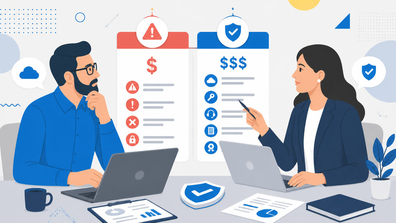 Comparação visual entre licença muito barata com alertas e compra regular com conformidade