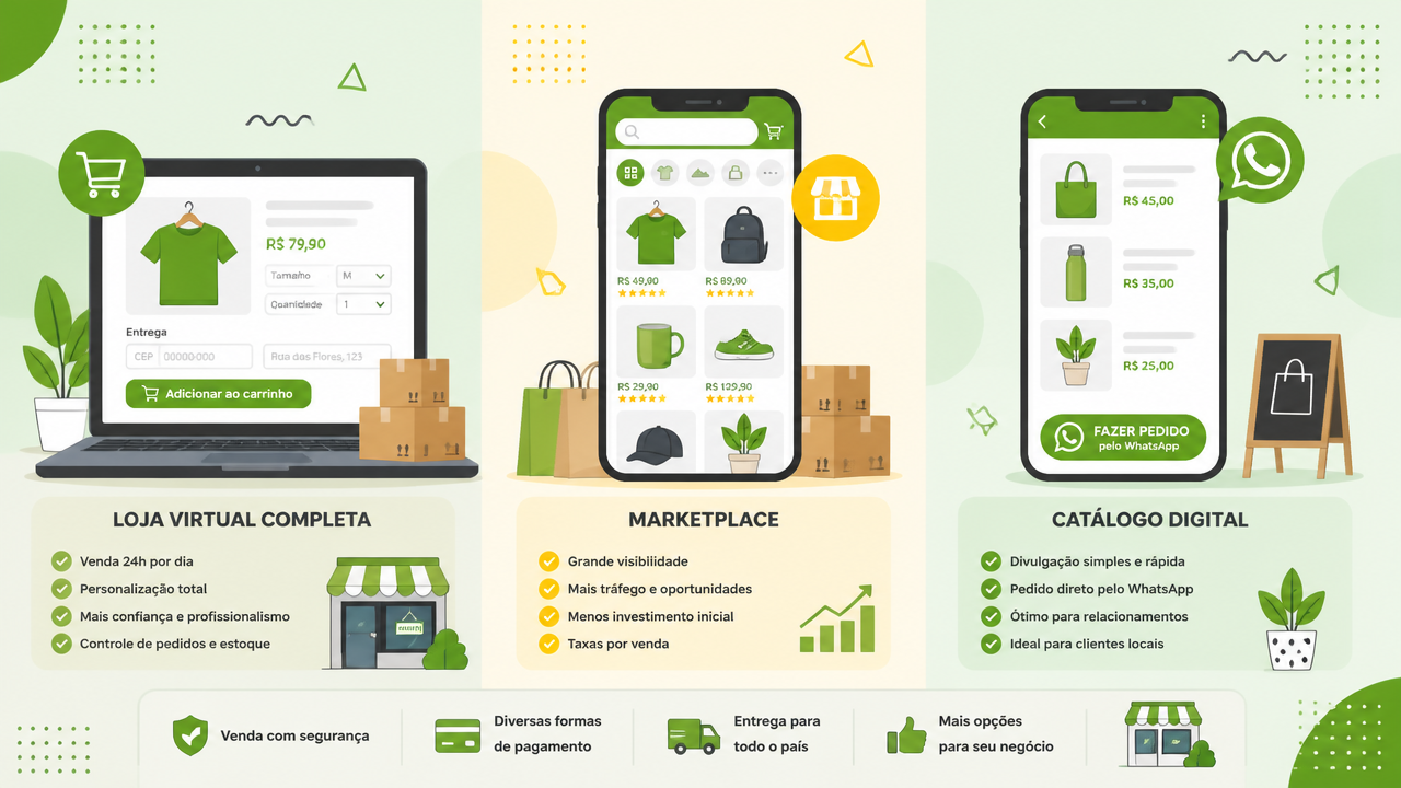 Comparação visual entre loja virtual, marketplace e catálogo digital com pedido pelo WhatsApp