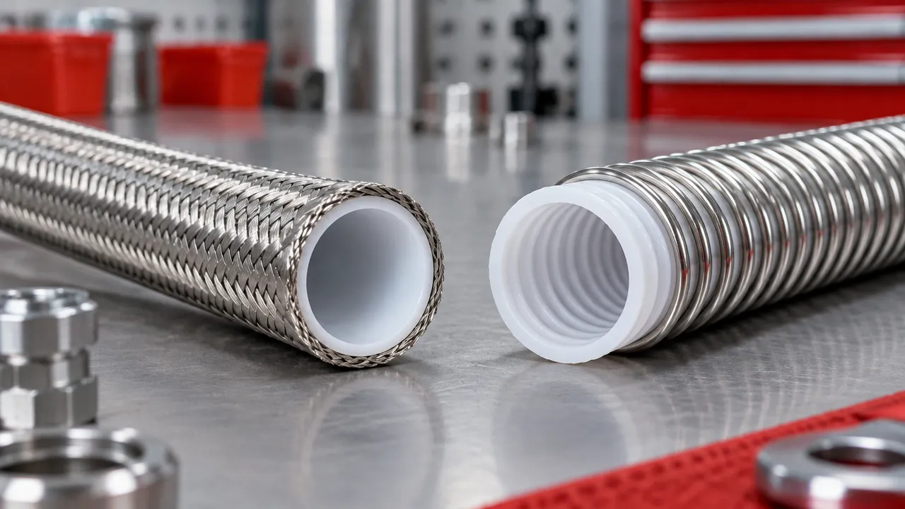 Comparação entre mangueira lisa de PTFE com trança metálica e modelo corrugado flexível