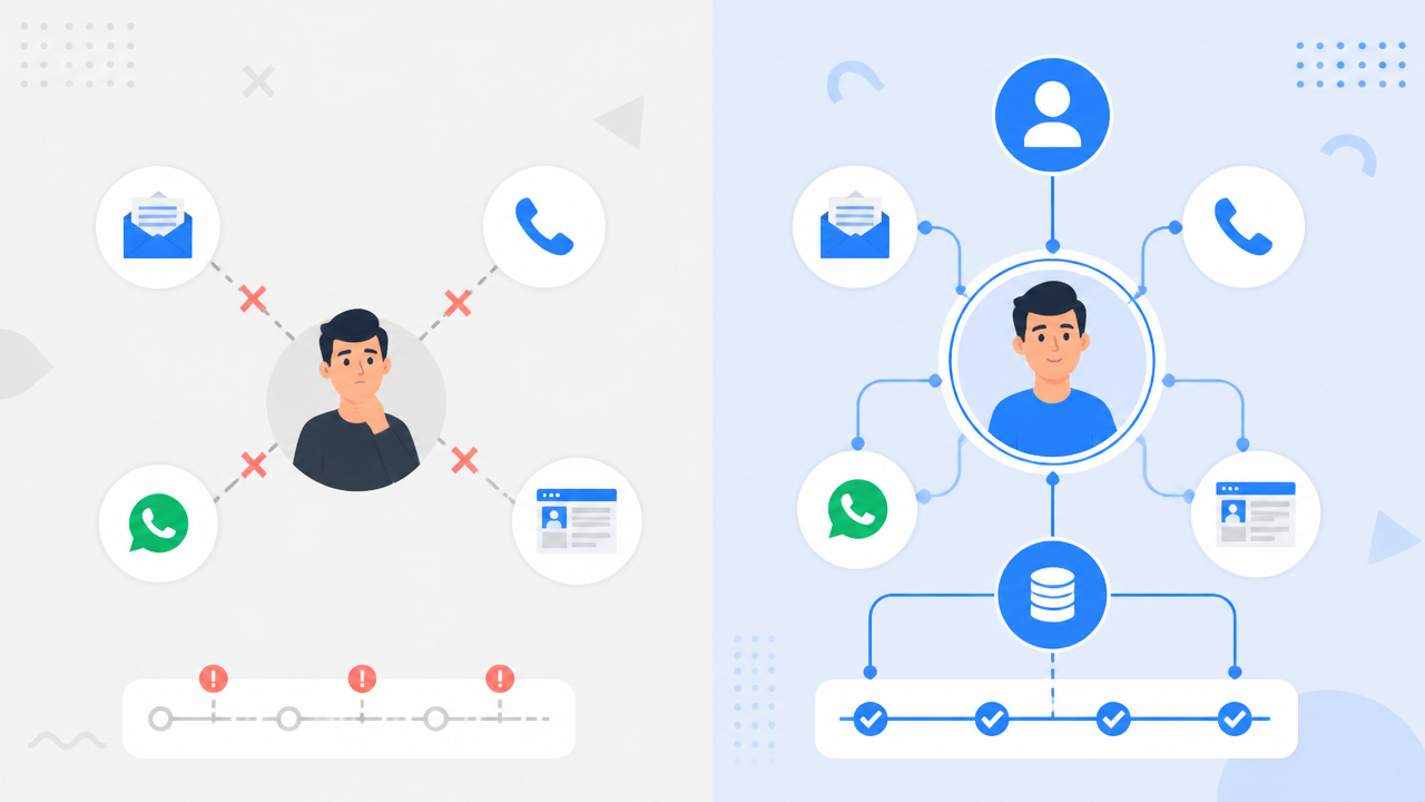 Comparação visual entre operação multicanal fragmentada e operação omnichannel integrada na cobrança