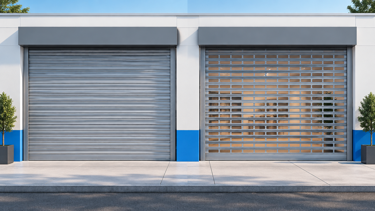 Comparação visual entre porta de enrolar opaca e modelo com lâminas vazadas