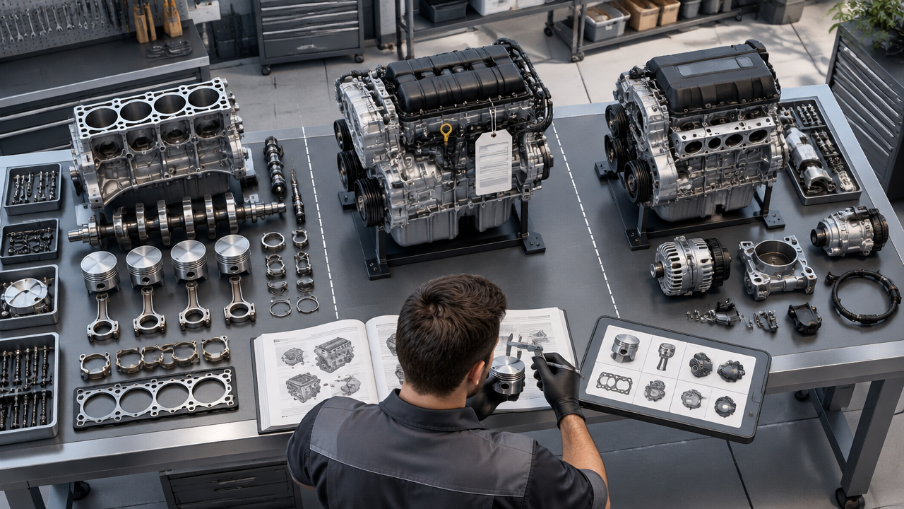 Comparação visual entre retífica, motor original e motor de reposição com componentes e documentação