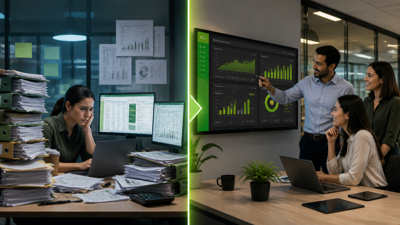 Comparação visual entre software pronto engessado e sistema sob medida integrado aos processos da empresa.