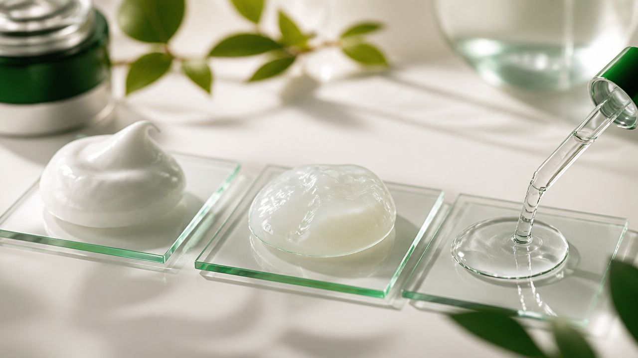 Comparação visual entre textura de creme, gel creme e sérum em placas de vidro
