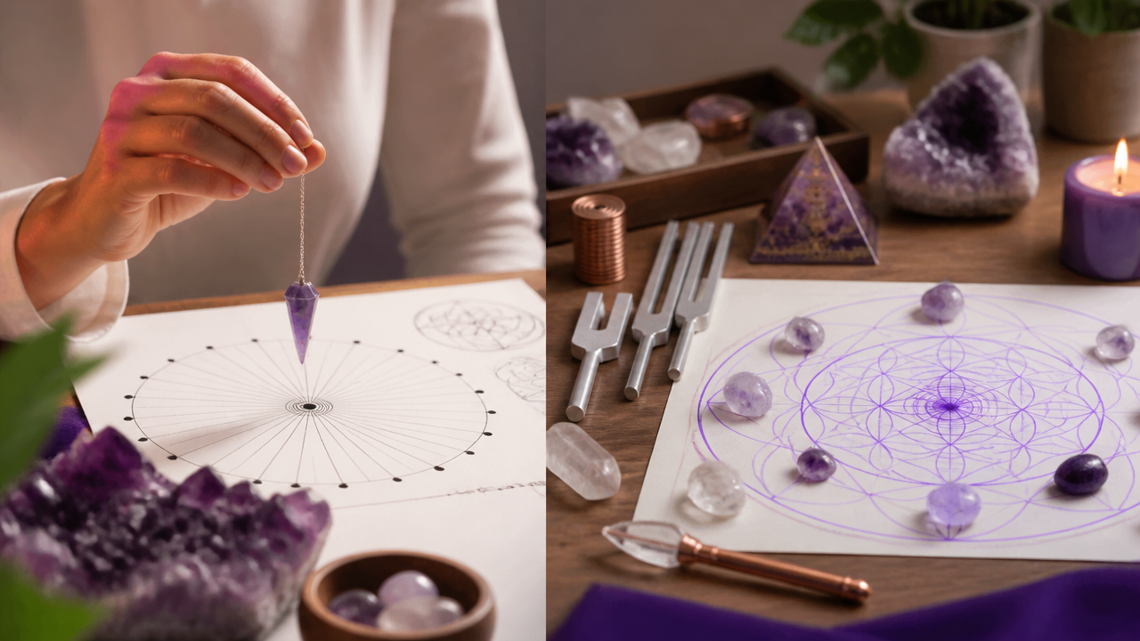 Comparação visual entre uso do pêndulo e gráficos energéticos em uma prática espiritual
