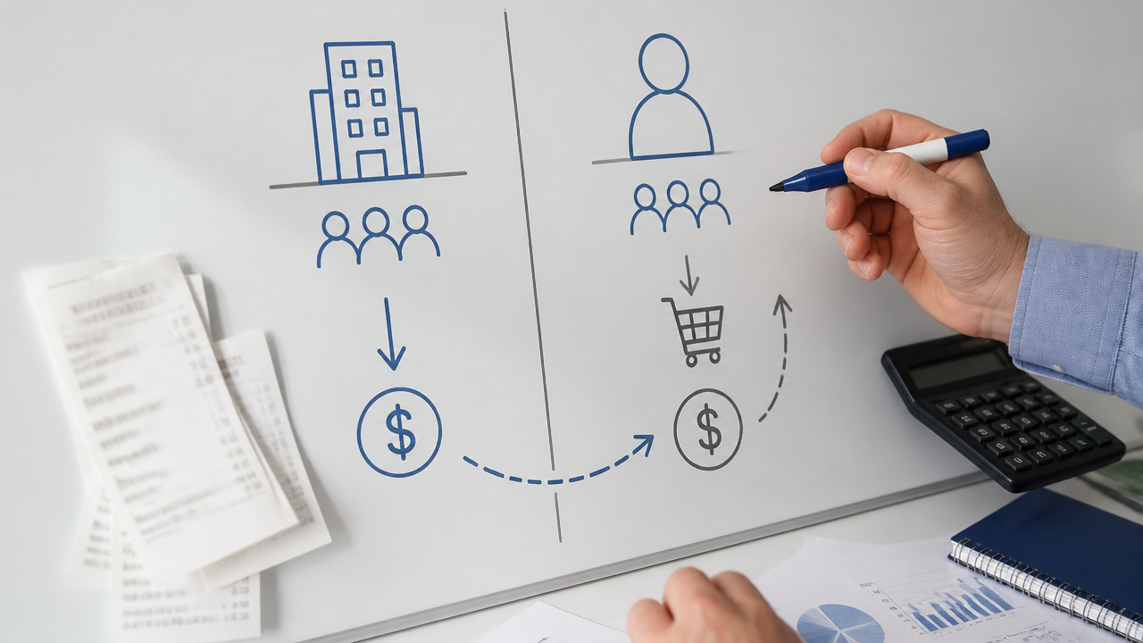Comparação visual entre vendas para empresas e para consumidor final na decisão tributária