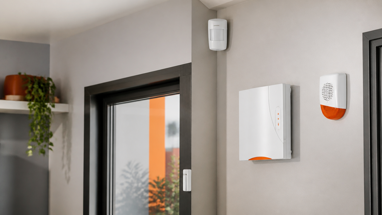 Componentes de um sistema de alarme residencial instalados em ambiente interno