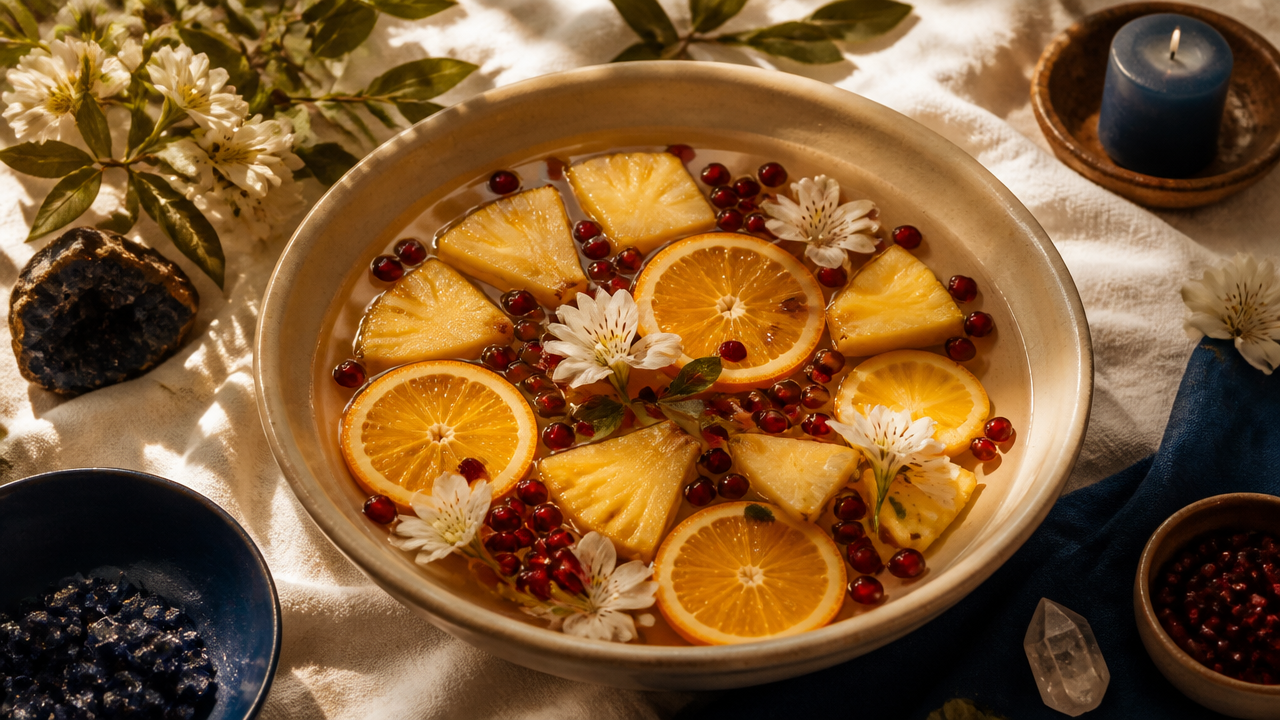Composição de banho energético com frutas tropicais e elementos espirituais em vista superior