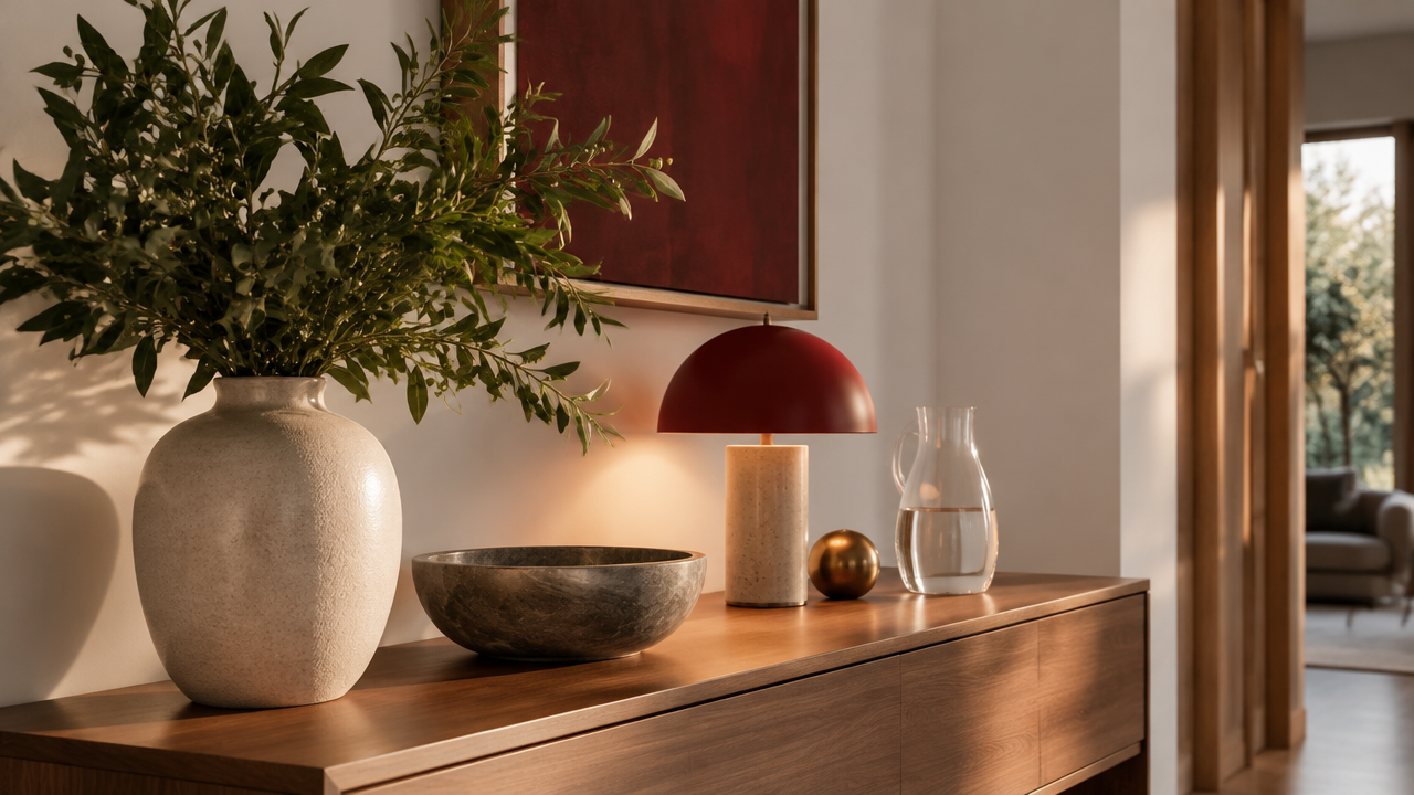 Planta, cerâmica, luz e vidro em uma composição equilibrada para a entrada da casa