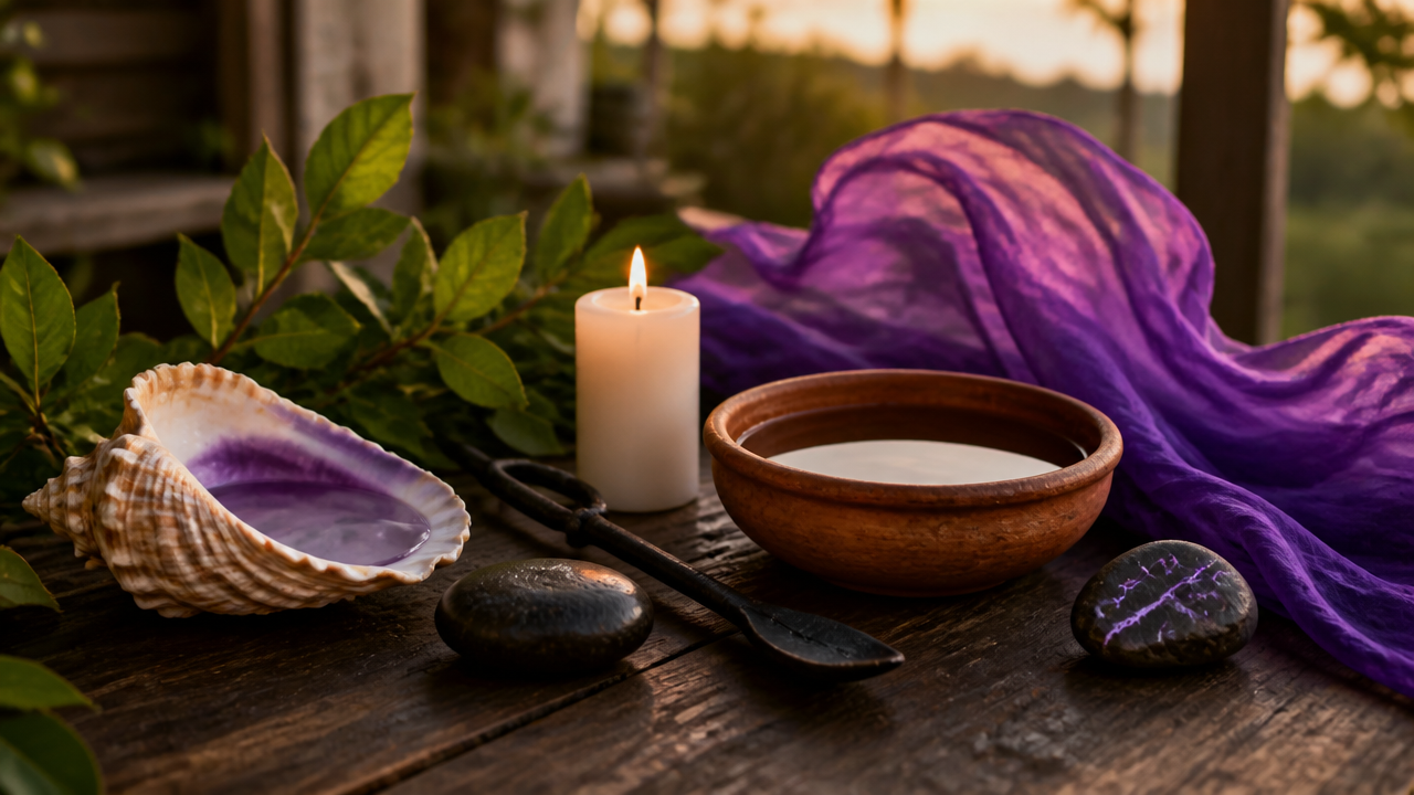 Composição simbólica com elementos da natureza usados para representar diferentes orixás em um contexto espiritual respeitoso.