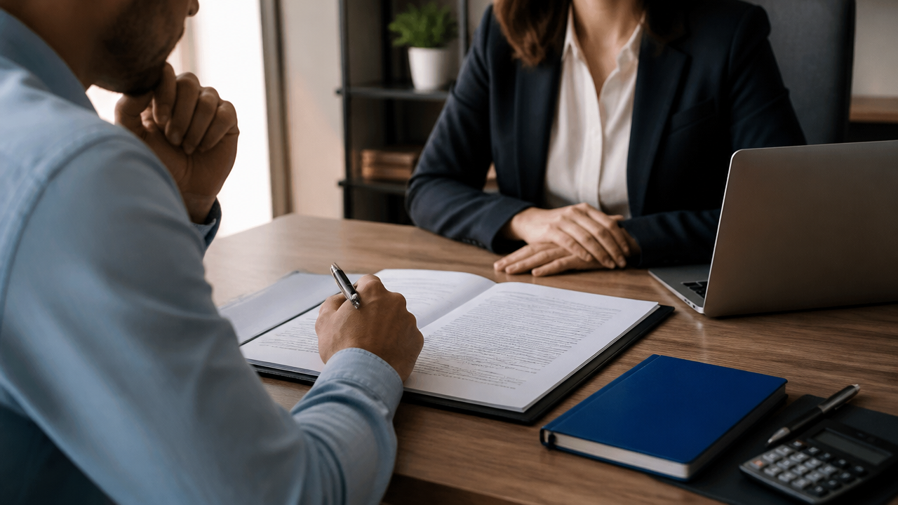 Comprador analisando contrato imobiliário em mesa de atendimento profissional