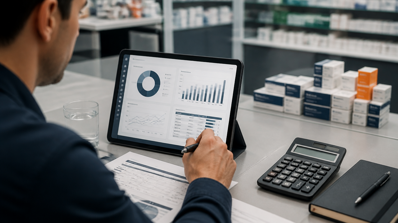 Comprador de farmácia avaliando dashboard de estoque e lista de compras