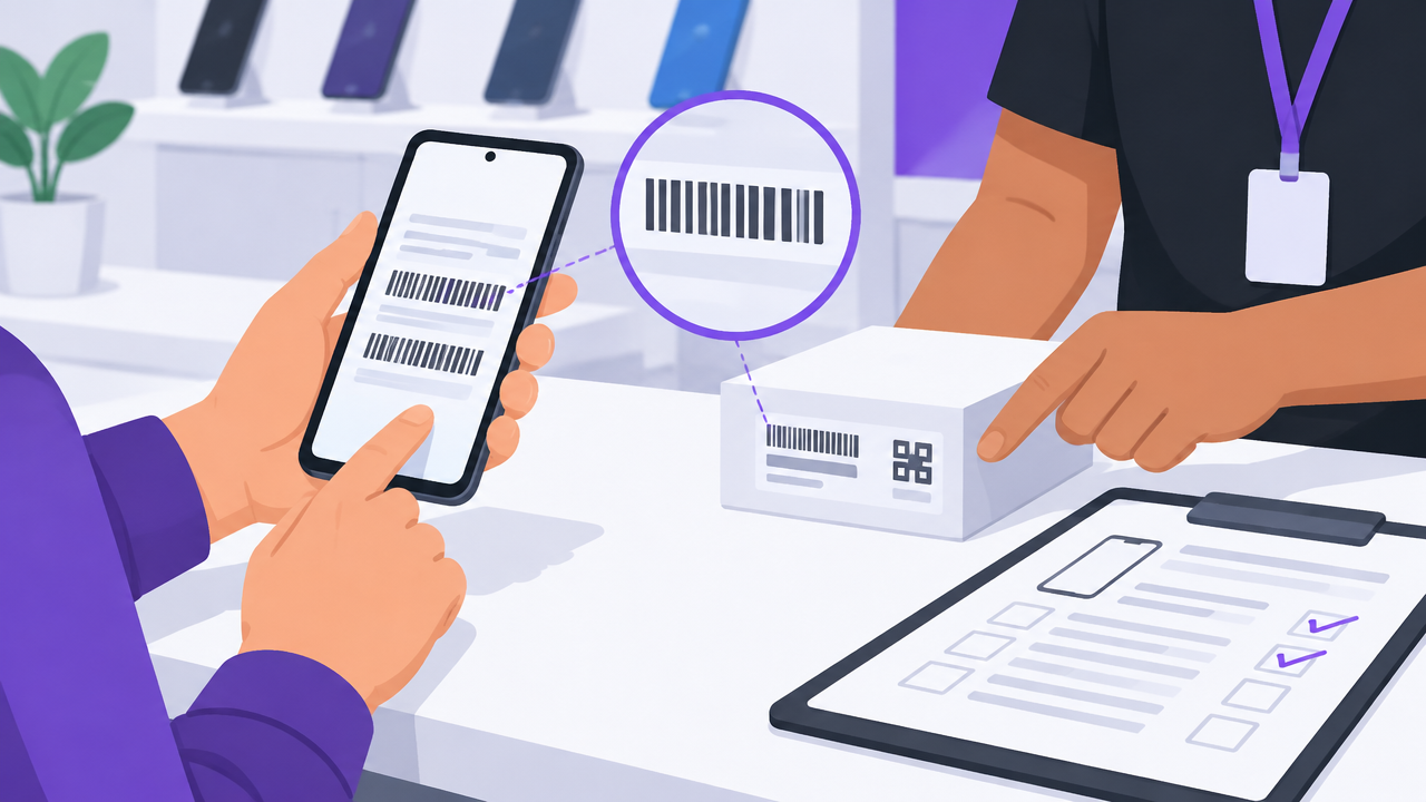 Comprador e atendente comparando a identificação de um celular com a etiqueta da caixa