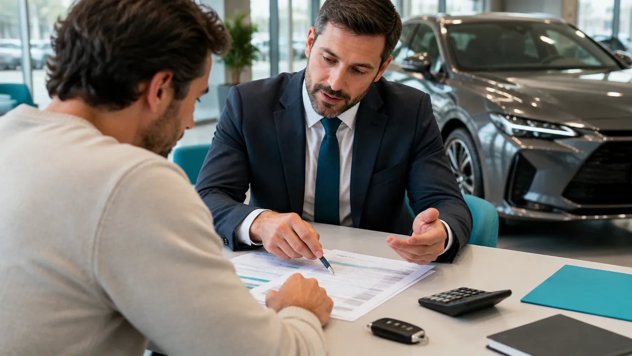 Comprador e consultor analisam custos e documentos de um automóvel premium em uma concessionária.