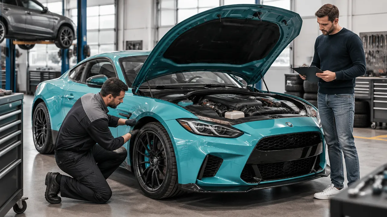 Comprador e consultor verificam um carro esportivo usado em oficina antes da compra