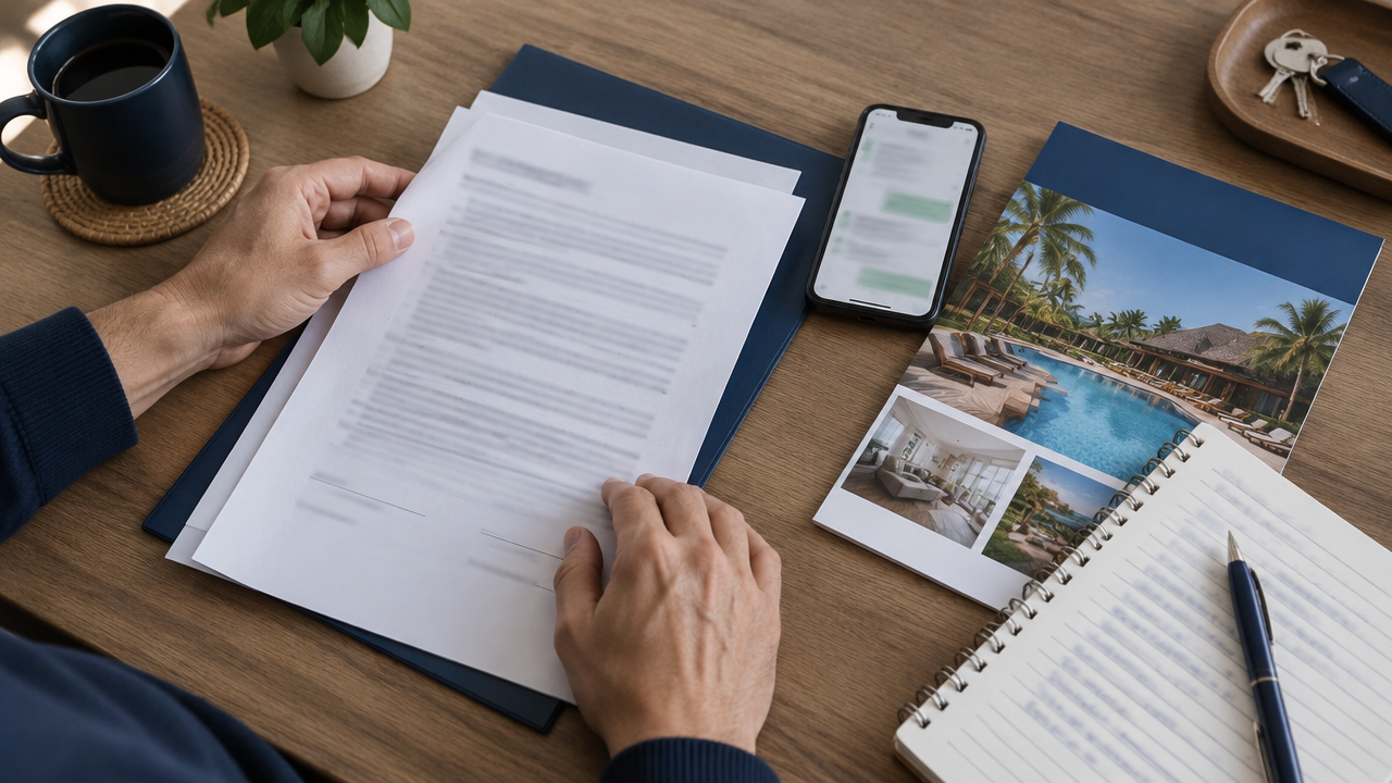Comprador organiza contrato, mensagens e anotações para reunir provas da venda de multipropriedade