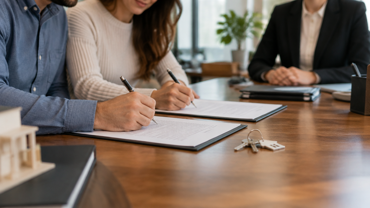 Compradores assinando contrato imobiliário antes do registro do financiamento no cartório