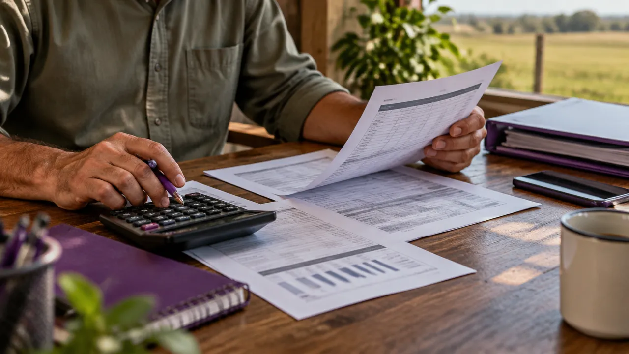 Conferência de contrato rural, extratos e planilha de evolução da dívida sobre uma mesa