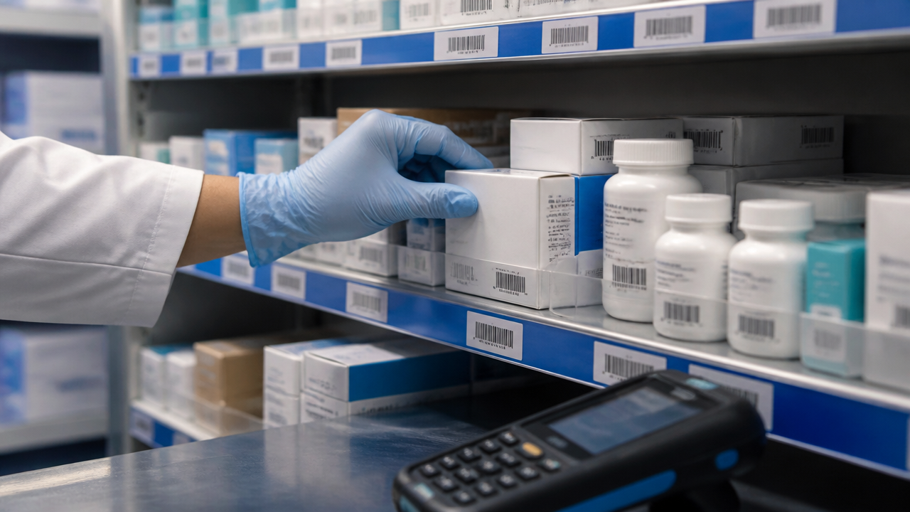Conferência de lote e validade de medicamentos com leitor de código de barras em estoque farmacêutico