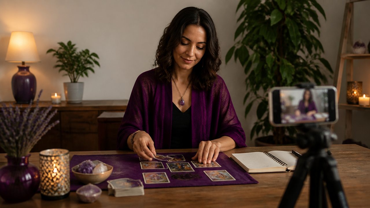 Configuração de câmera e iluminação para consulta de tarot online com cartas sobre a mesa.