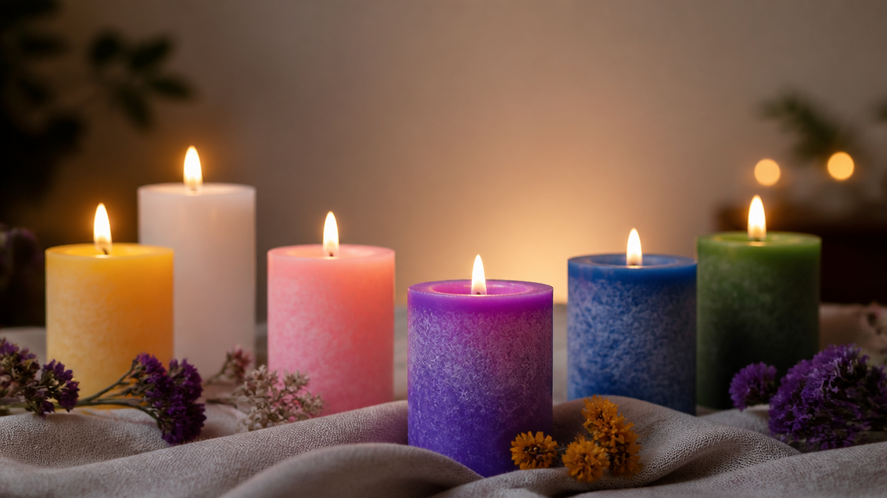 Conjunto de velas coloridas acesas organizadas sobre superfície neutra