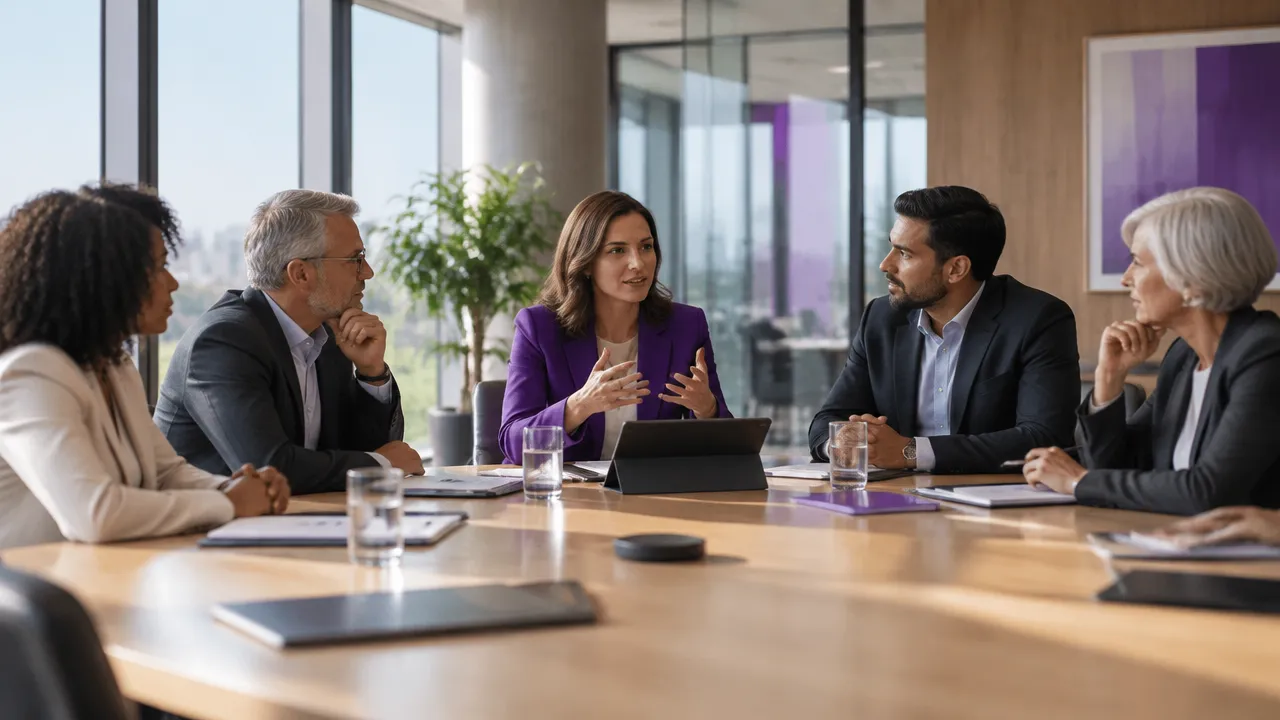 Conselho diverso reunido em torno de uma mesa para deliberar com transparência e responsabilidade