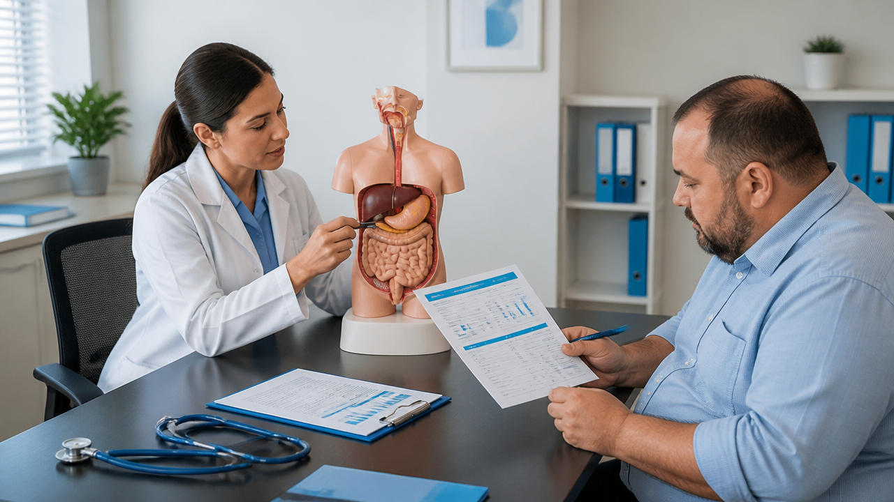 Consulta médica com explicação sobre indicação clínica de cirurgia bariátrica