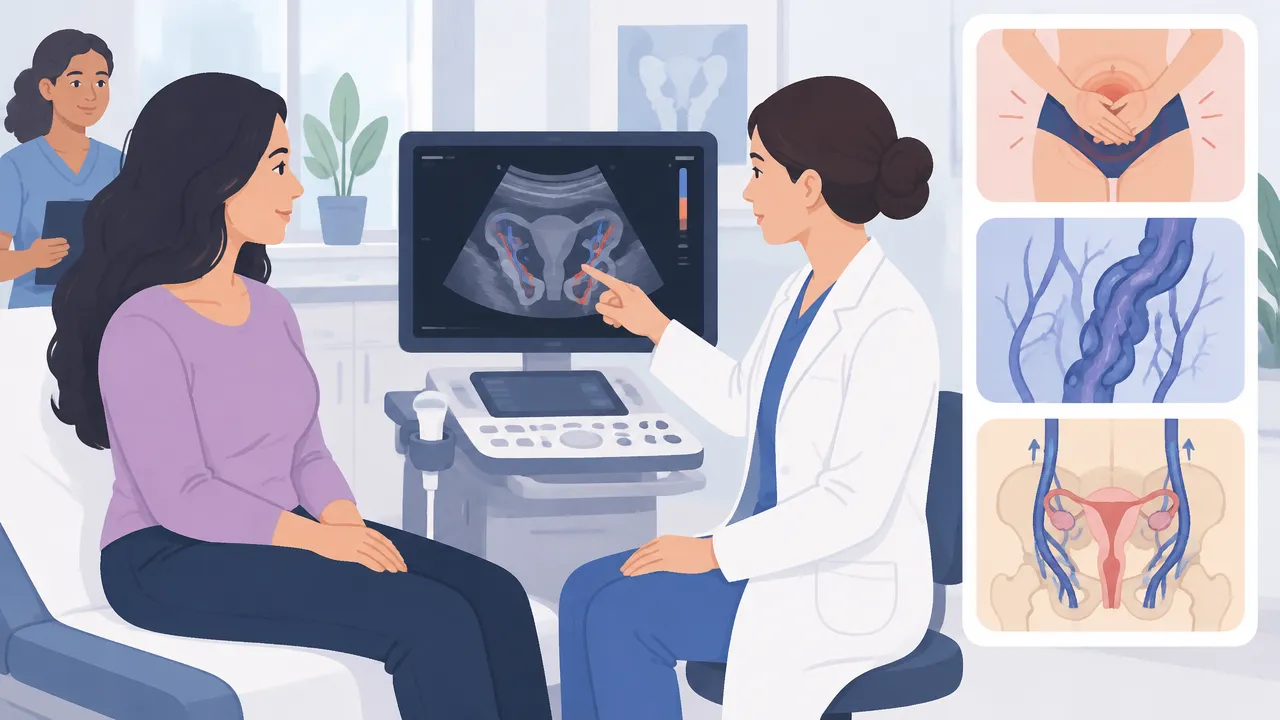 Consulta médica com ultrassom Doppler e avaliação dos sintomas, veias e mecanismos venosos
