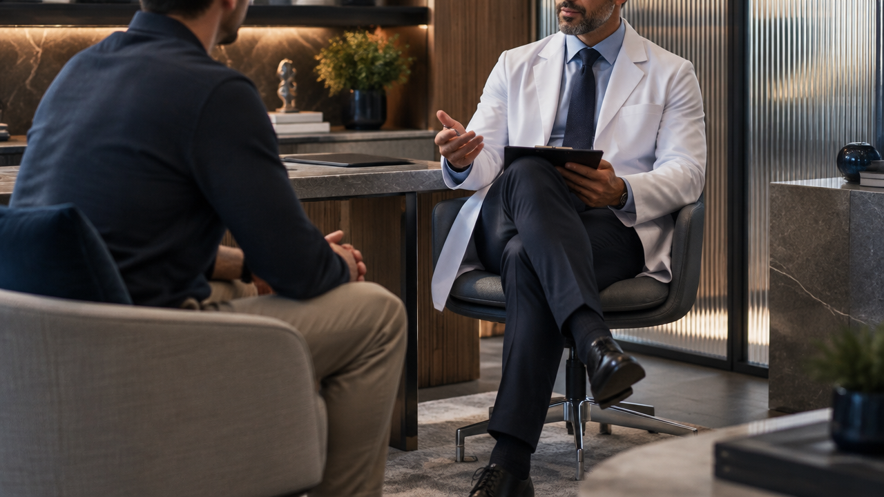 Consulta reservada entre urologista e paciente adulto para discutir expectativas e avaliação individual