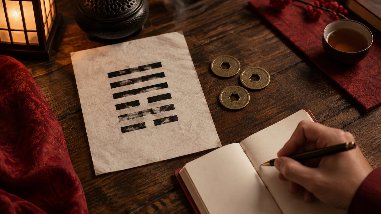 Consulta simbólica do I Ching com moedas, caderno e hexagrama sobre uma mesa de madeira