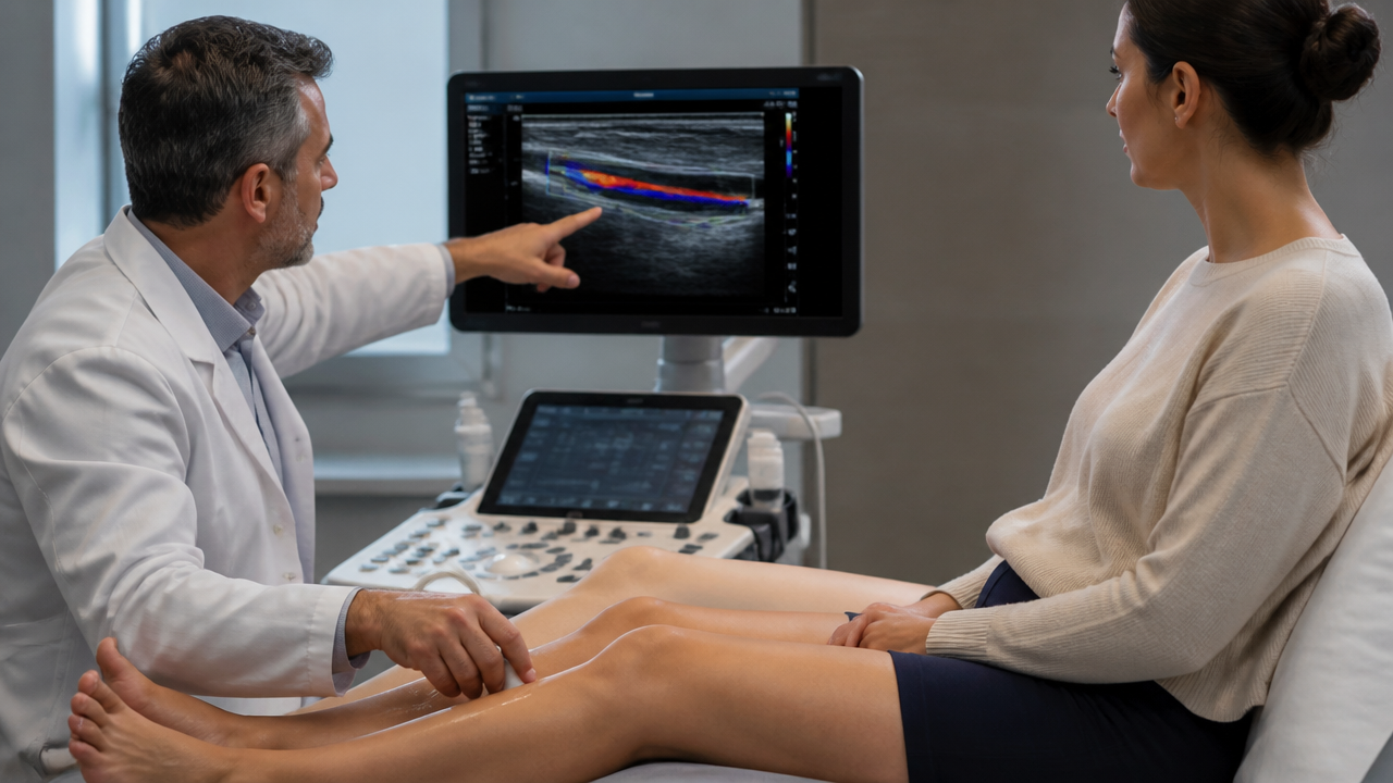 Consulta vascular com avaliação da circulação das pernas e exame de imagem