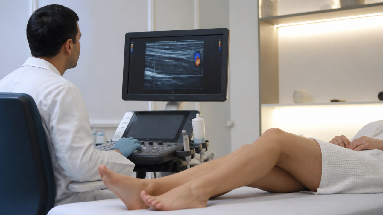 Consulta vascular com ultrassom para investigar peso e dor nas pernas