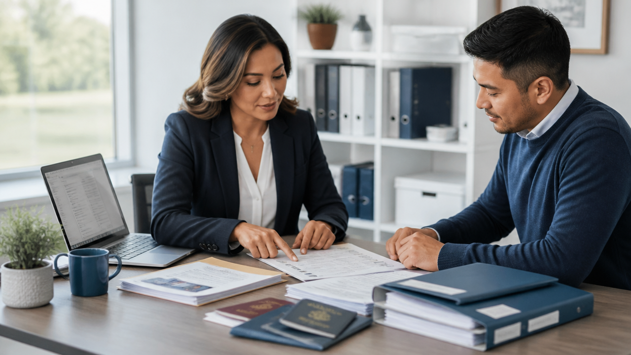 Consultant and client reviewing immigration forms and supporting documents in an organized office