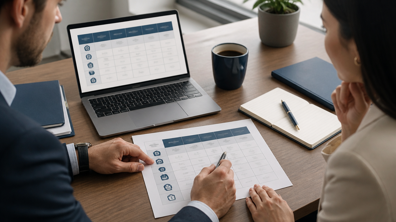 Consultant and entrepreneur comparing immigration program options on a laptop and printed chart