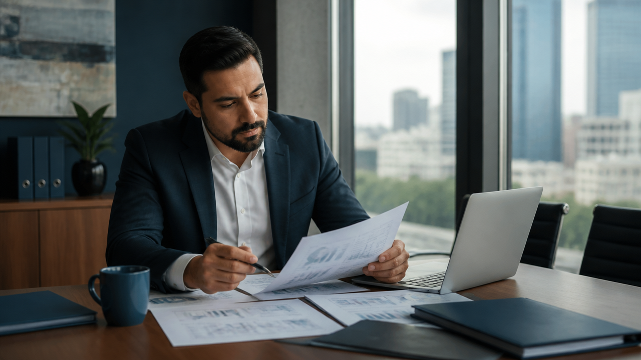 Consultant and entrepreneur reviewing a business plan for a U.S. immigration case in a modern office