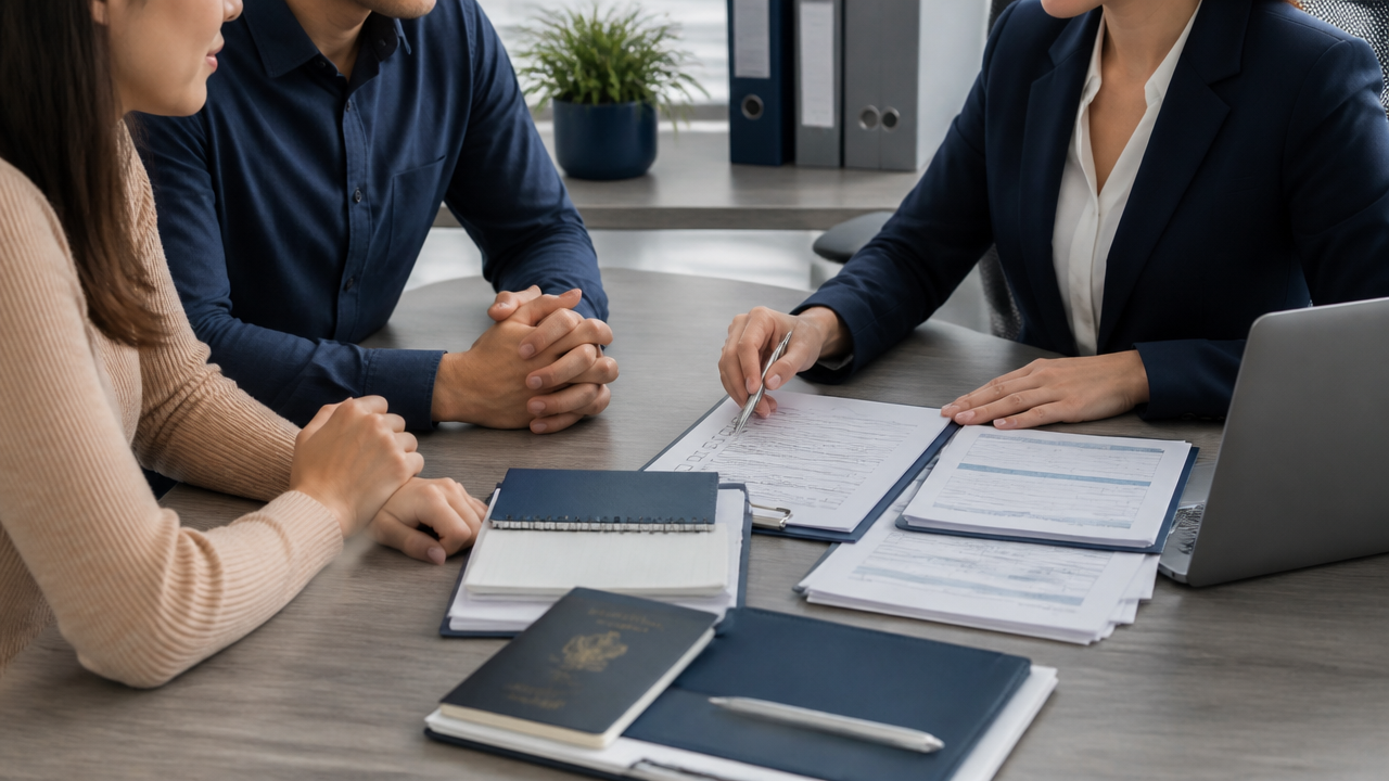Consultant explaining U.S. immigration pathway documents to a couple in an office