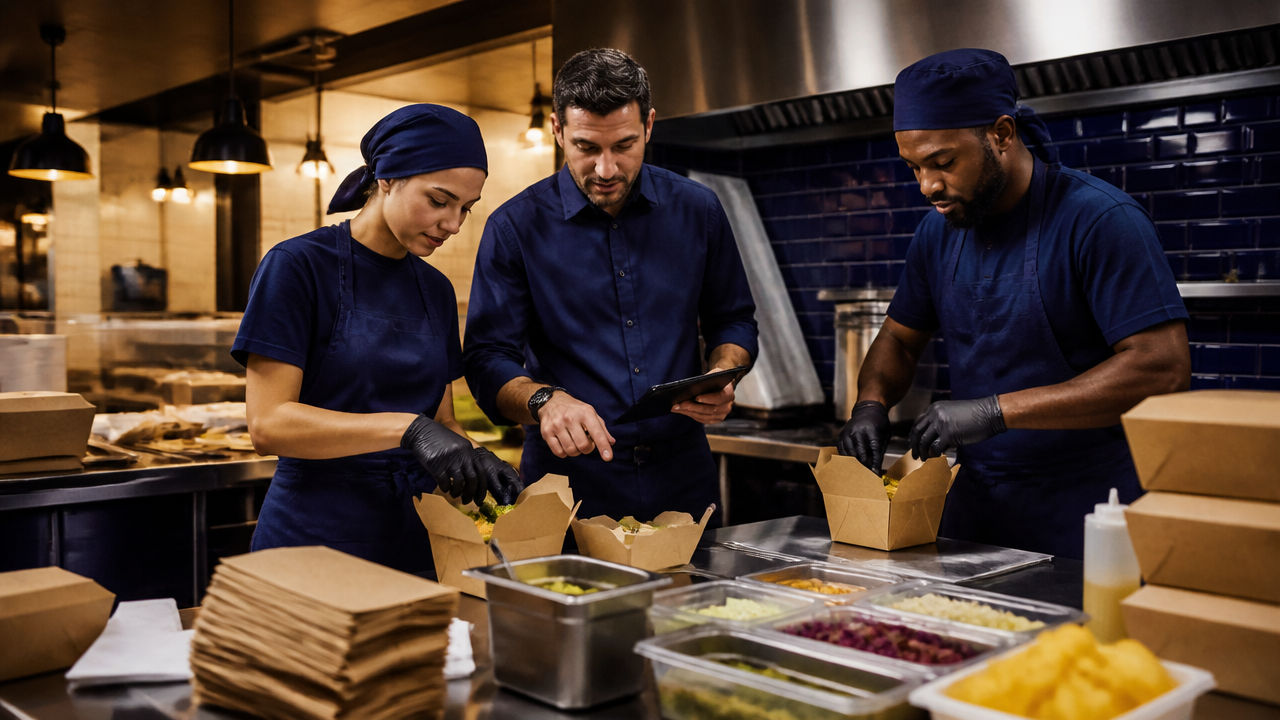 Consultor acompanhando equipe na cozinha e padronização de montagem de pedidos em restaurante.